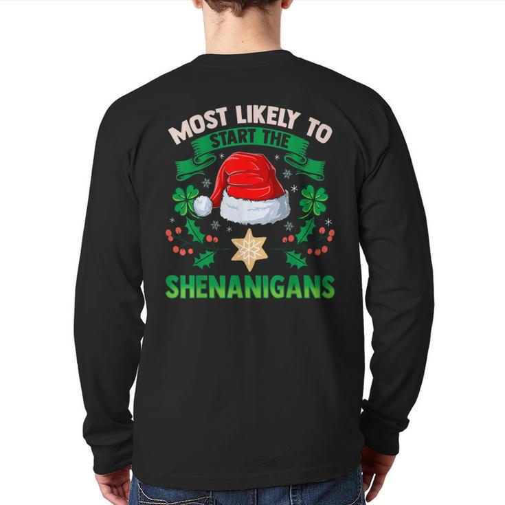 Most Likely To Start The Shenanigans Elf Christmas Back Print Long Sleeve T-shirt