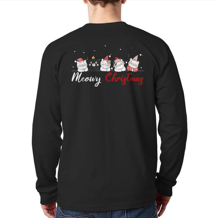 Meowy Catmas Santa Hat Xmas Cat Lover Christmas Lights Back Print Long Sleeve T-shirt