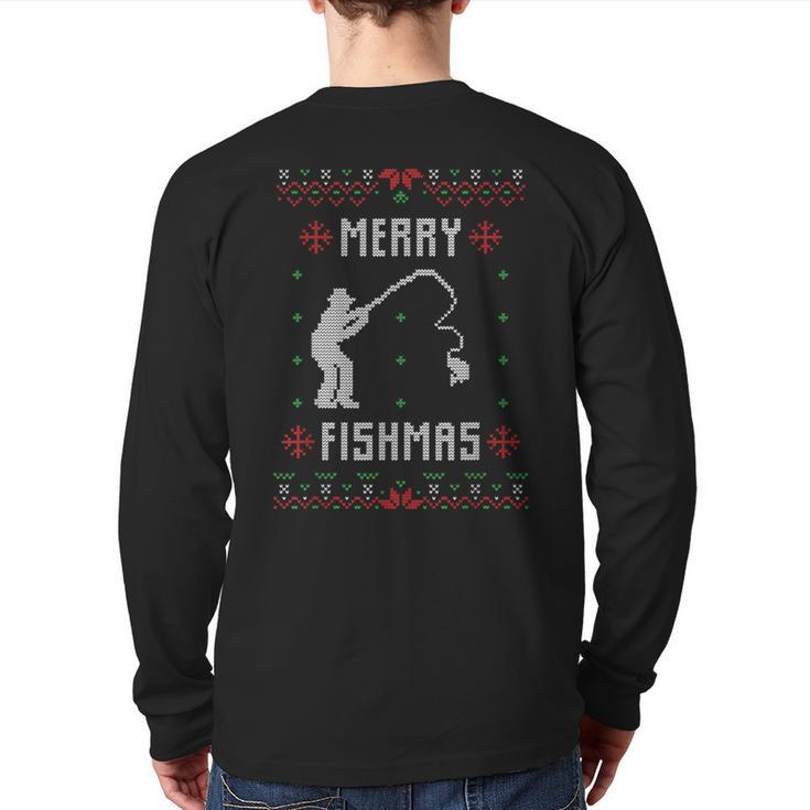 Merry Fishmas Fisherman Ugly Christmas Sweater Back Print Long Sleeve T-shirt