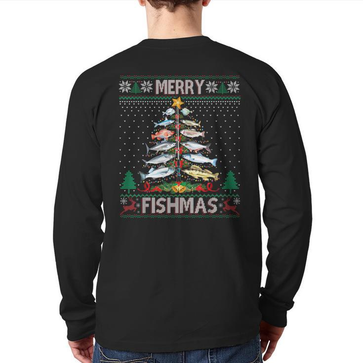 Merry Fishmas Ugly Sweater Fish Fishing Rod Christmas Tree Back Print Long Sleeve T-shirt
