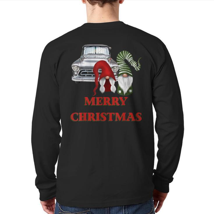Merry Gnome Couple Old Pickup Truck Christmas Hotrod Holiday Back Print Long Sleeve T-shirt