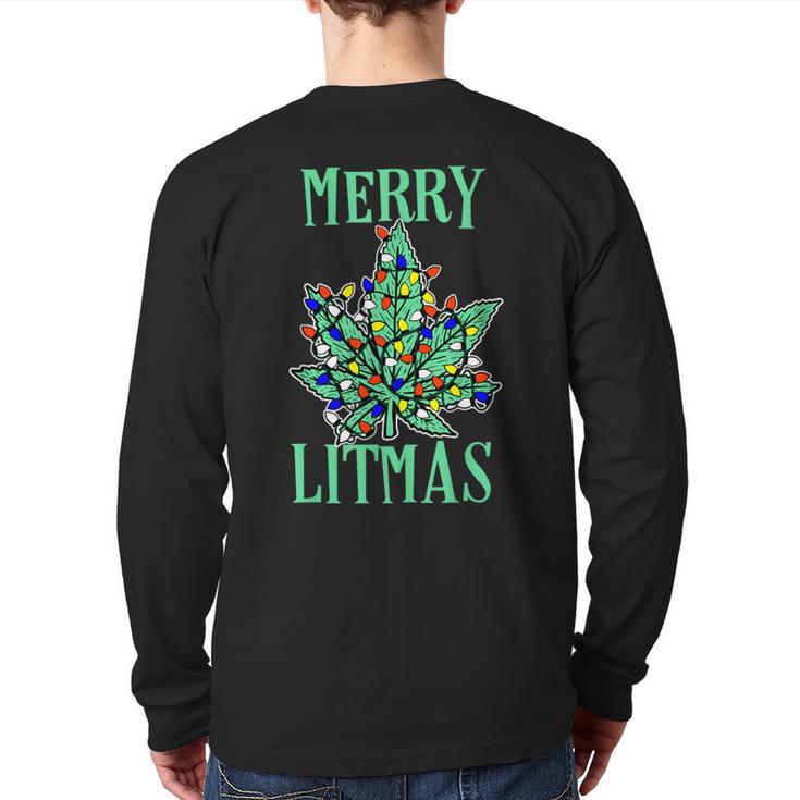 Merry Litmas Pot Leaf Christmas Tree Lights Marijuana Back Print Long Sleeve T-shirt