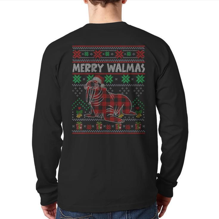 Merry Walmas Ugly Christmas Sweater Walrus Sea Animal Plaid Back Print Long Sleeve T-shirt