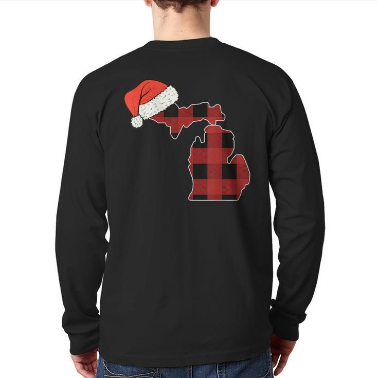 Michigan Plaid Christmas Santa Hat Holiday Matching Back Print Long Sleeve T-shirt