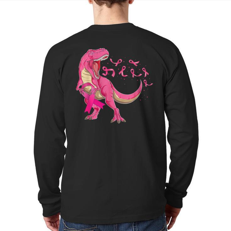 In October We Wear Pink T Rex Dinosaur Boys Breast Cancer Back Print Long Sleeve T-shirt