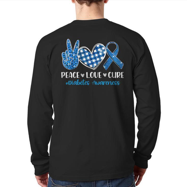 Peace Love Cure Grey Blue Ribbon Diabetes Awareness Back Print Long Sleeve T-shirt