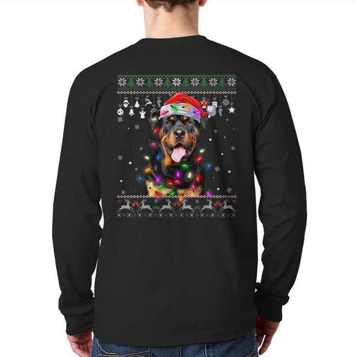 Rottweiler Santa Hat Christmas Tree Lights Xmas Ugly Sweater Back Print Long Sleeve T-shirt