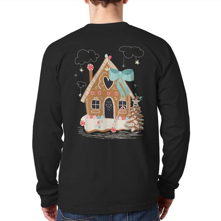 Santa Gingerbread House Christmas Holiday Season Snowflakes Back Print Long Sleeve T-shirt