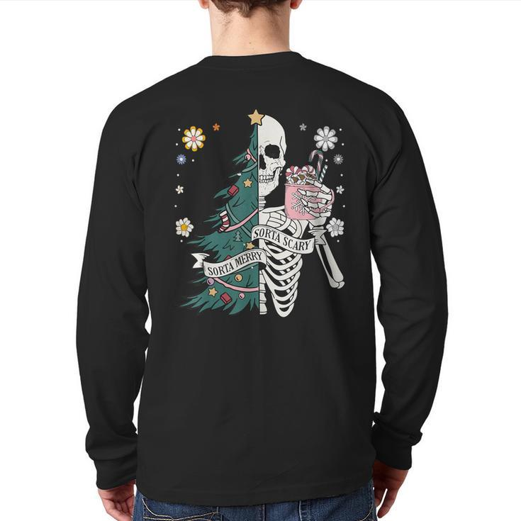 Sorta Scary Merry Sorta Christmas Skeleton Tree Santa Back Print Long Sleeve T-shirt