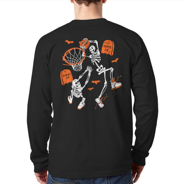 Spooky Skeleton Dunking Basketball Graveyard Halloween Back Print Long Sleeve T-shirt