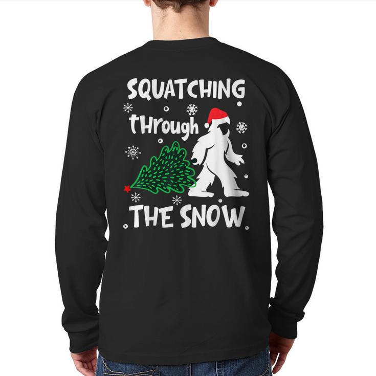 Squatching Through The Snow Christmas Sasquatch Santa Hat Back Print Long Sleeve T-shirt