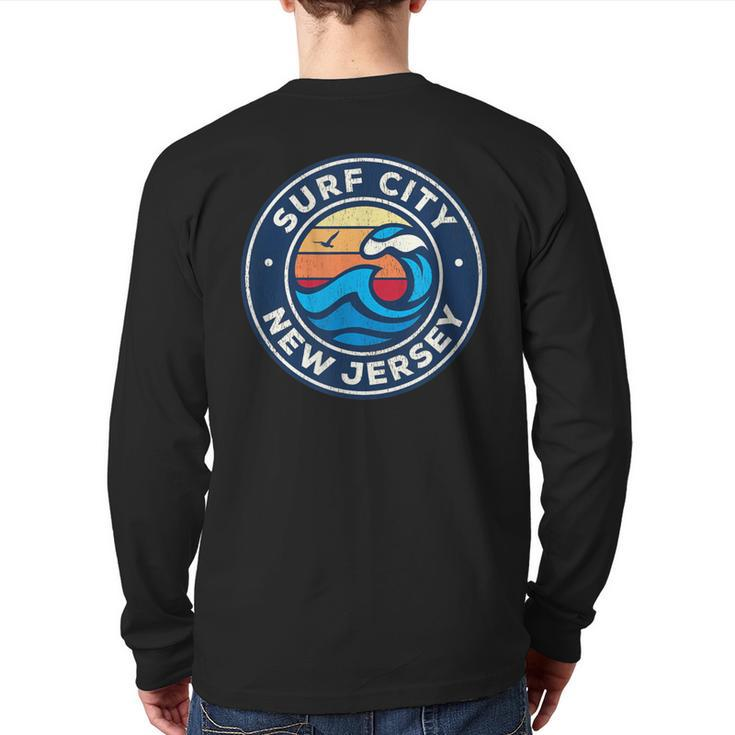Surf City New Jersey Nj Vintage Nautical Waves Back Print Long Sleeve T-shirt