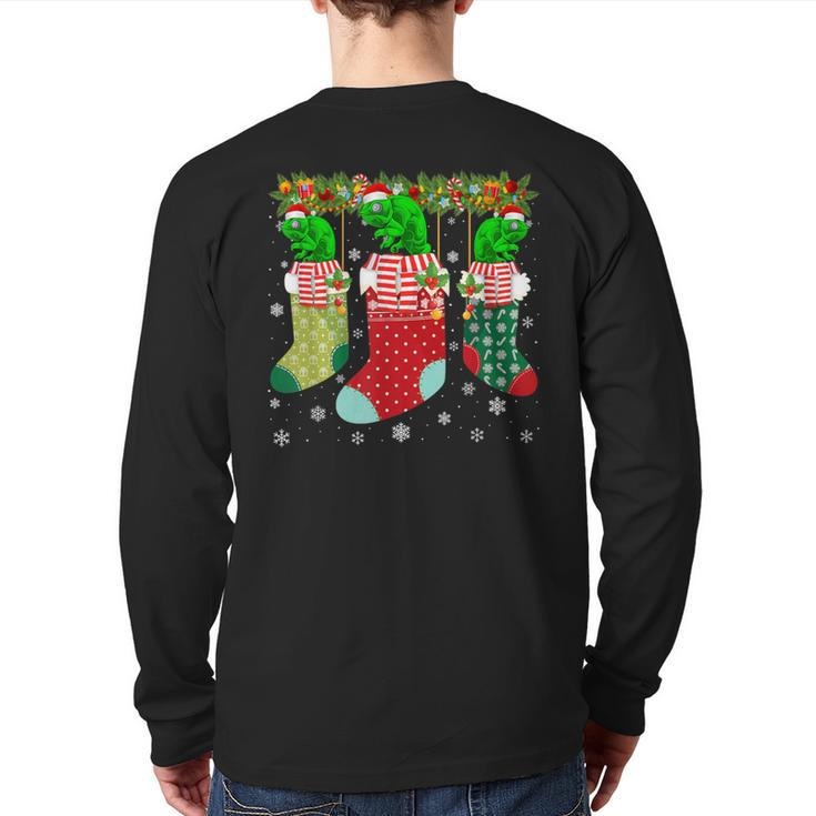 Three Chameleon In Socks Ugly Christmas Sweater Party Back Print Long Sleeve T-shirt