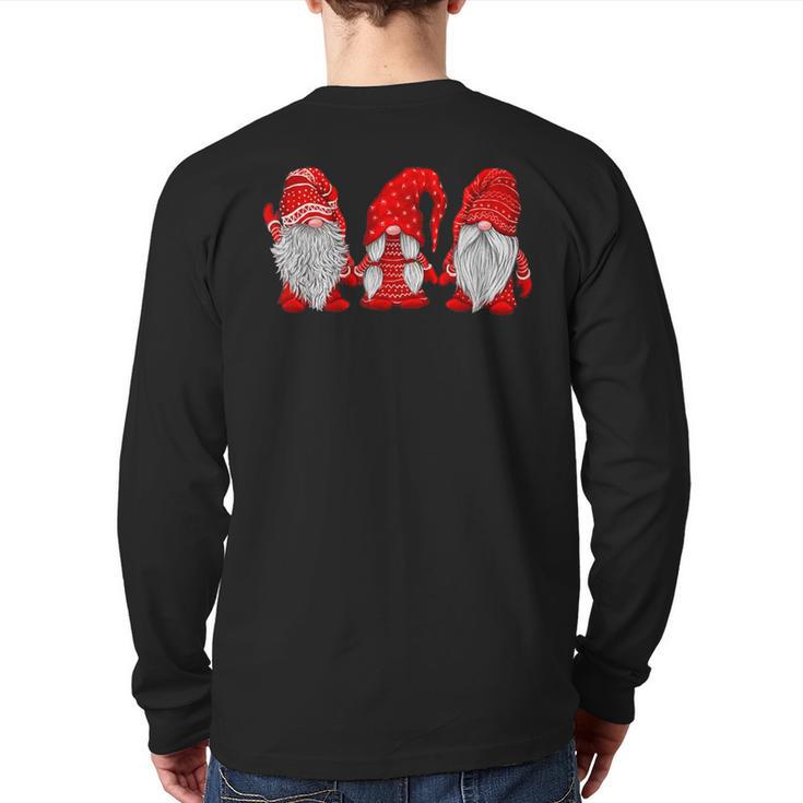 Three Gnomes In Red Costume Christmas Hanging With Gnomes Back Print Long Sleeve T-shirt