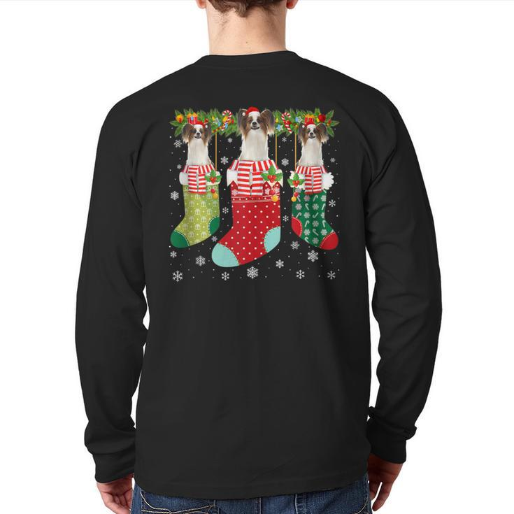 Three Papillon Dog In Socks Ugly Christmas Sweater Party Back Print Long Sleeve T-shirt