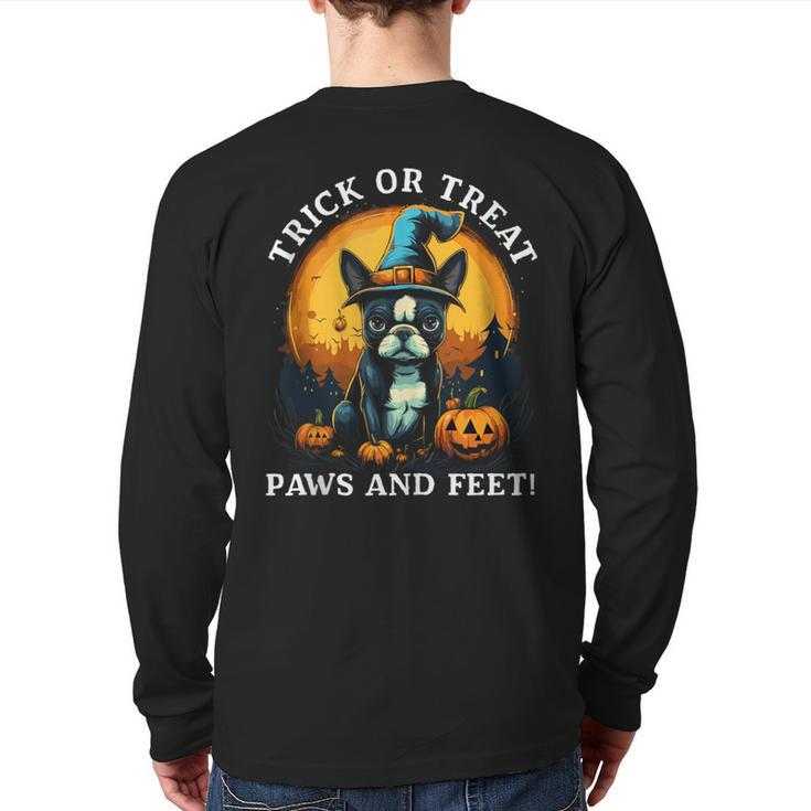 Trick Or Treat Paws And Feet Boston Terrier Halloween Puppy Back Print Long Sleeve T-shirt
