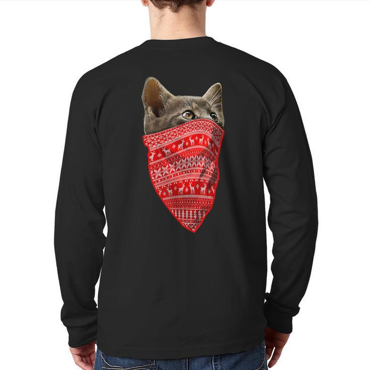 Ugly Christmas Sweater Pattern Christmas Cat For Men Back Print Long Sleeve T-shirt