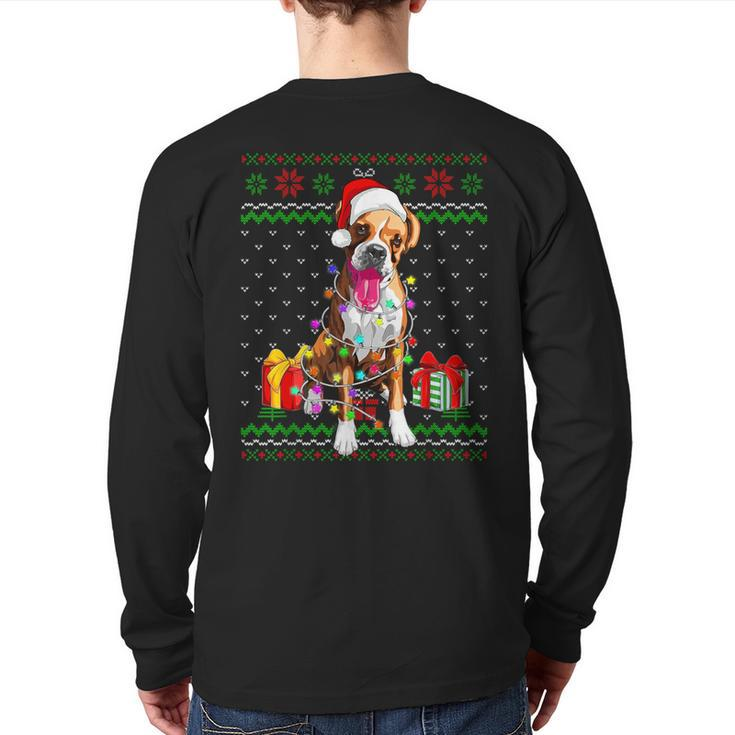 Ugly Sweater Christmas Lights Boxer Dog Lover Back Print Long Sleeve T-shirt