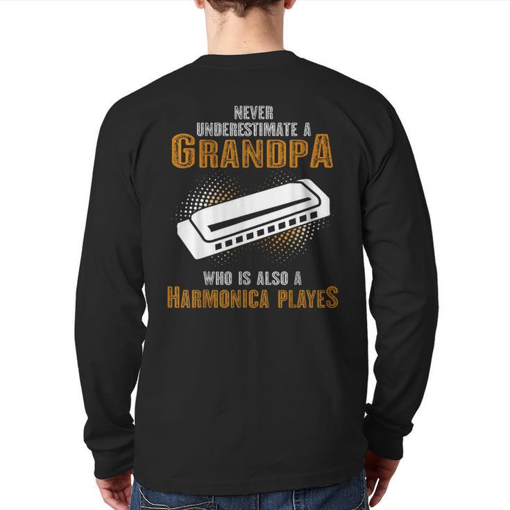 Never Underestimate Grandpa Who Is Also A Harmonica Player Back Print Long Sleeve T-shirt