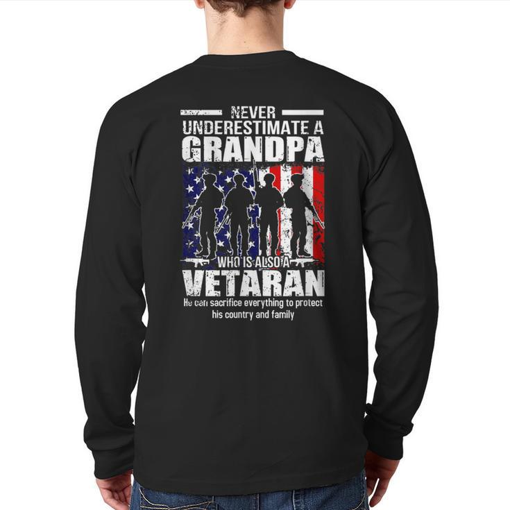 Never Underestimate Grandpa Who Is Also Veteran Grandpa Back Print Long Sleeve T-shirt