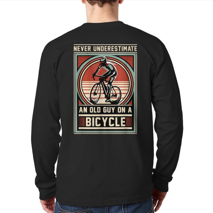 Never Underestimate An Old Guy On A Bicycle Vintage Style Back Print Long Sleeve T-shirt