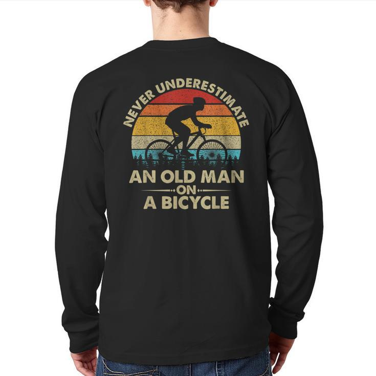 Never Underestimate An Old Man On A Bicycle Vintage Retro Back Print Long Sleeve T-shirt