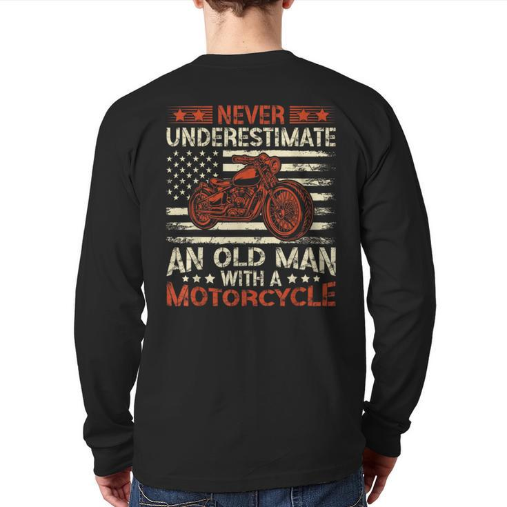 Never Underestimate An Old Man With A Motorcycle Usa Flag Back Print Long Sleeve T-shirt