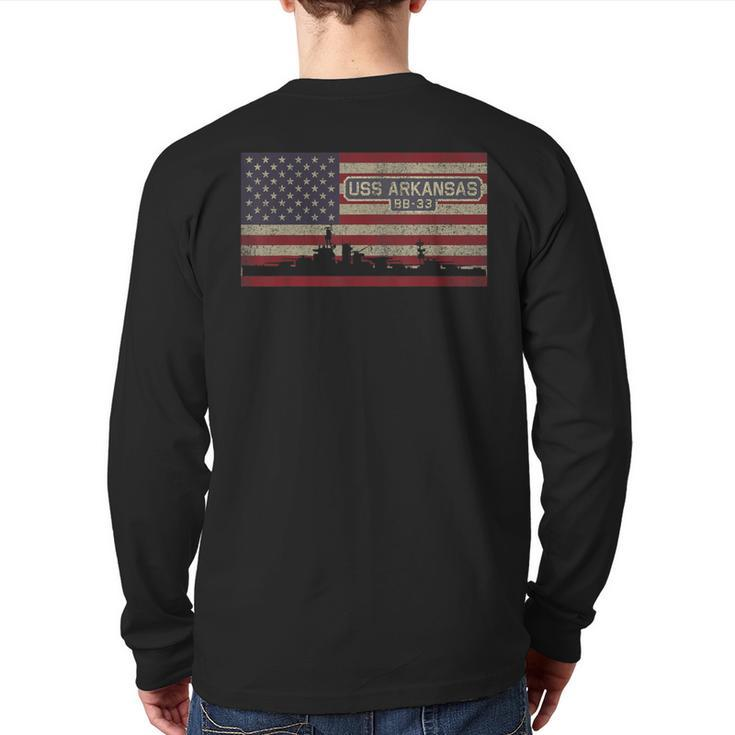 Uss Arkansas Bb-33 Ww1 Ww2 Battleship Usa American Flag Back Print Long Sleeve T-shirt