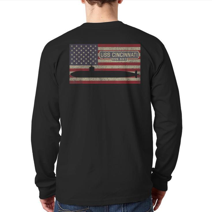 Uss Cincinnati Ssn-693 Submarine Usa American Flag Back Print Long Sleeve T-shirt