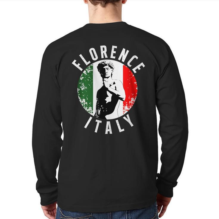 Vintage David Sculpture In Florence Tuscany With Italy Flag Back Print Long Sleeve T-shirt