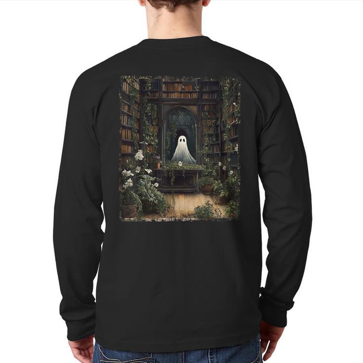 Vintage Halloween Spooky Ghost In The Library Gothic Back Print Long Sleeve T-shirt