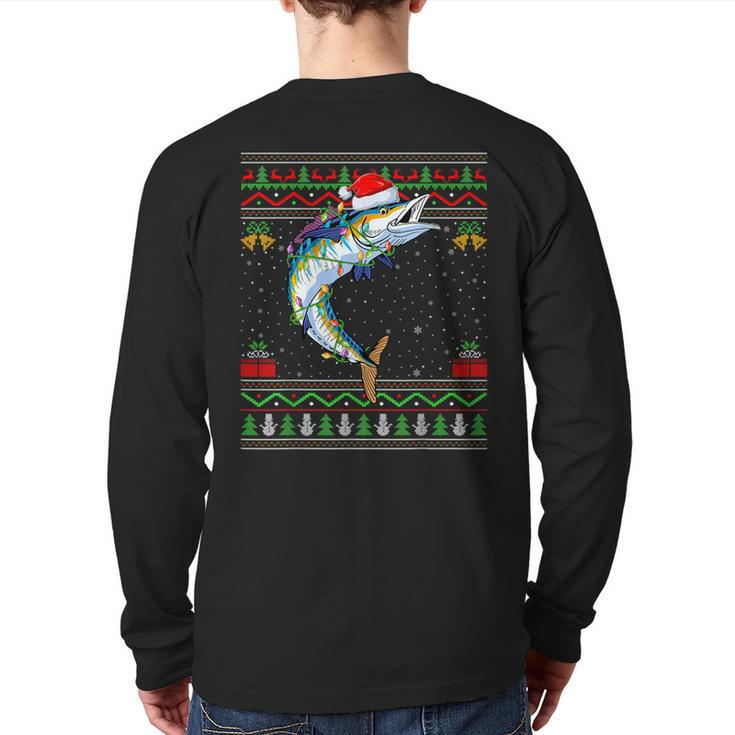 Xmas Lights Ugly Sweater Style Santa Wahoo Fish Christmas Back Print Long Sleeve T-shirt