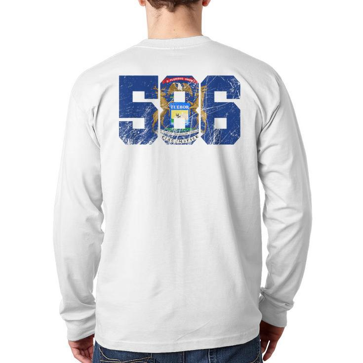 586 Area Code Flag Of Michigan State Macomb County Back Print Long Sleeve T-shirt