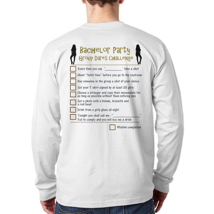 Bachelor Party Checklist Group Dares Challenge Stag Do Game Back Print Long Sleeve T-shirt