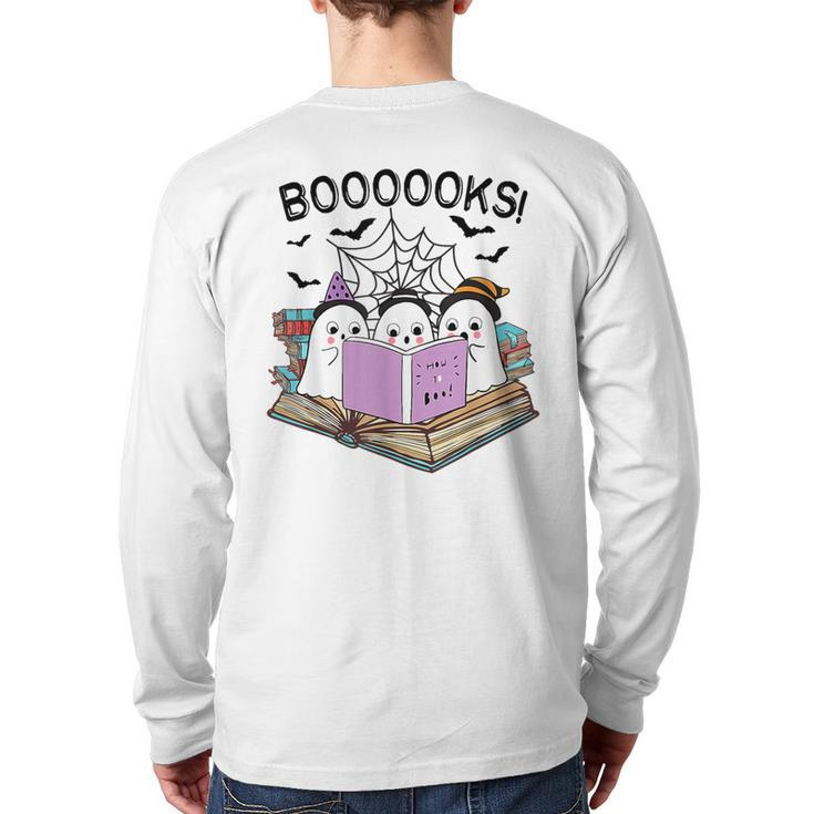 Boooks Cute Ghost Book Worm Nerd Halloween Spooky Party Back Print Long Sleeve T-shirt