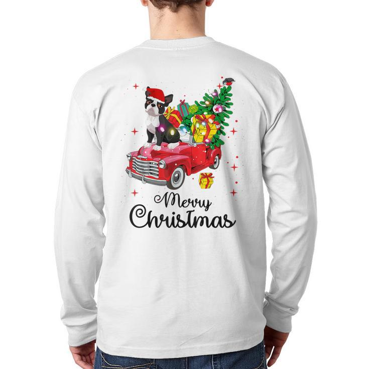 Boston Terrier Ride Red Truck Christmas Pajama Back Print Long Sleeve T-shirt