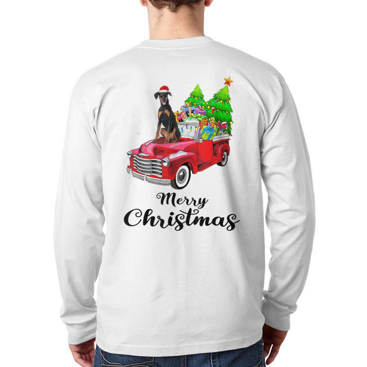Doberman Pinscher Ride Red Truck Christmas Pajama Back Print Long Sleeve T-shirt
