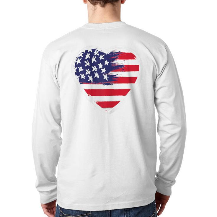 Heart Us Flag 4Th Of July Patriotic American Stars Stripes Back Print Long Sleeve T-shirt