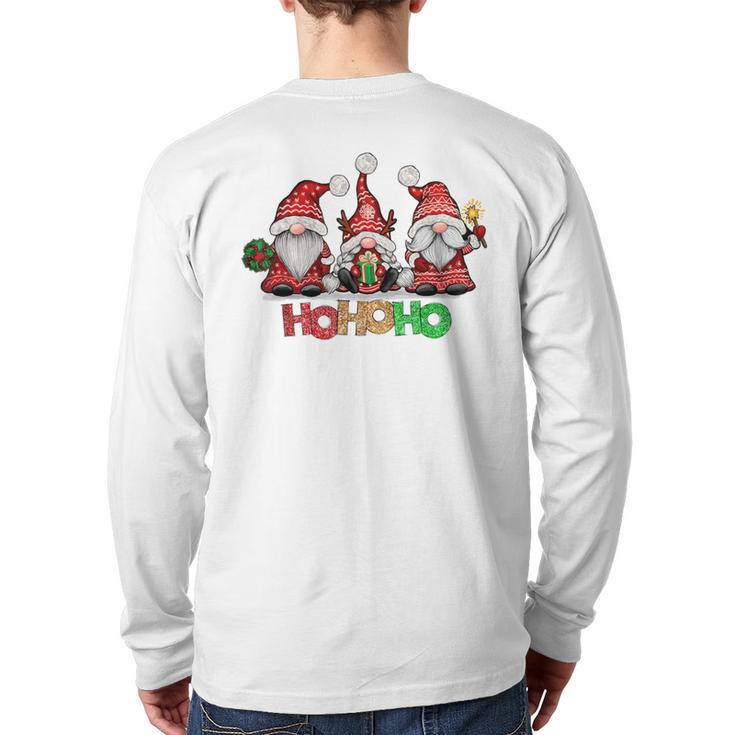 Ho Ho Ho Merry Christmas Santa Claus Gnome Reindeer Holidays Back Print Long Sleeve T-shirt