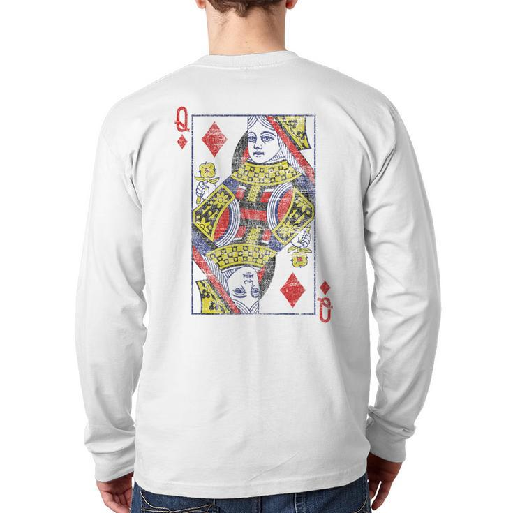 Queen Of Diamonds Card Costume Poker Distressed Back Print Long Sleeve T-shirt