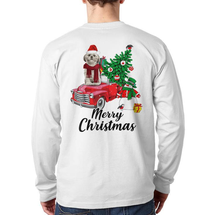 Shih Tzu Ride Red Truck Christmas Pajama Back Print Long Sleeve T-shirt