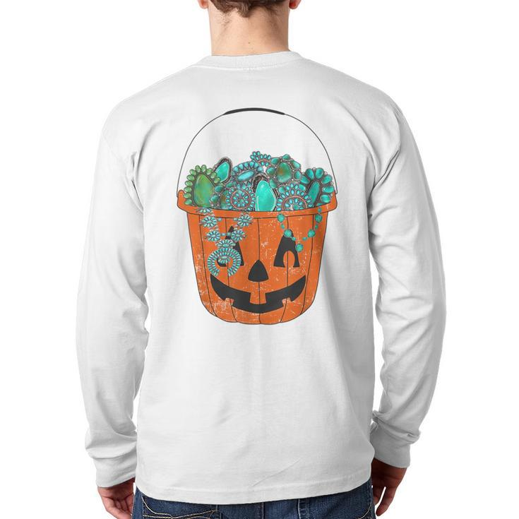 Turquoise Jack-O'-Lantern Halloween Pumpkin Turquoise Back Print Long Sleeve T-shirt