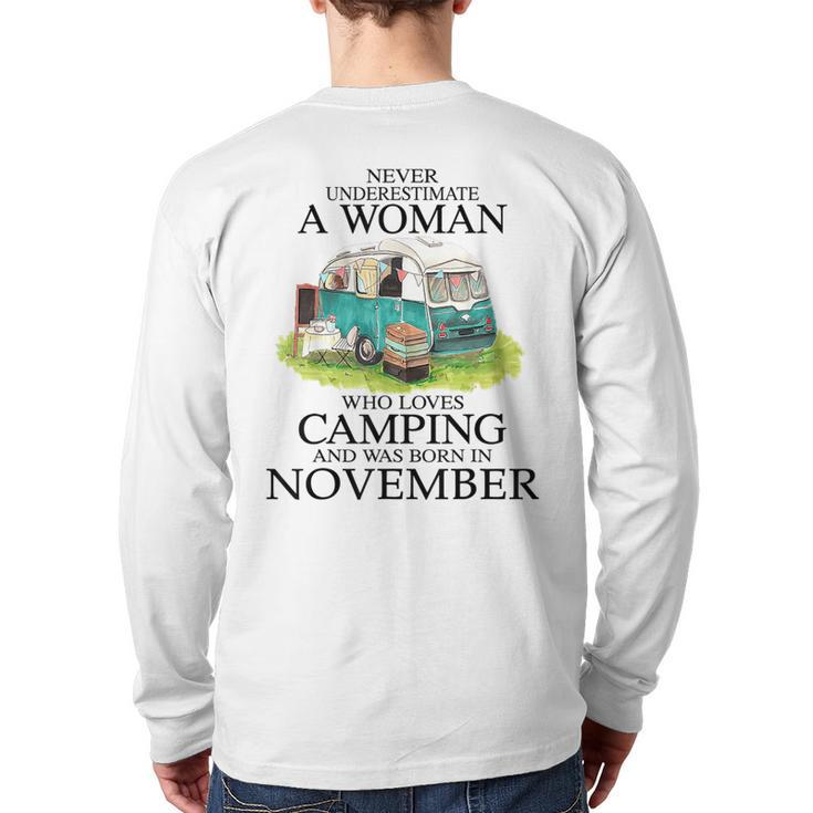 Never Underestimate Who Loves Camping November Back Print Long Sleeve T-shirt