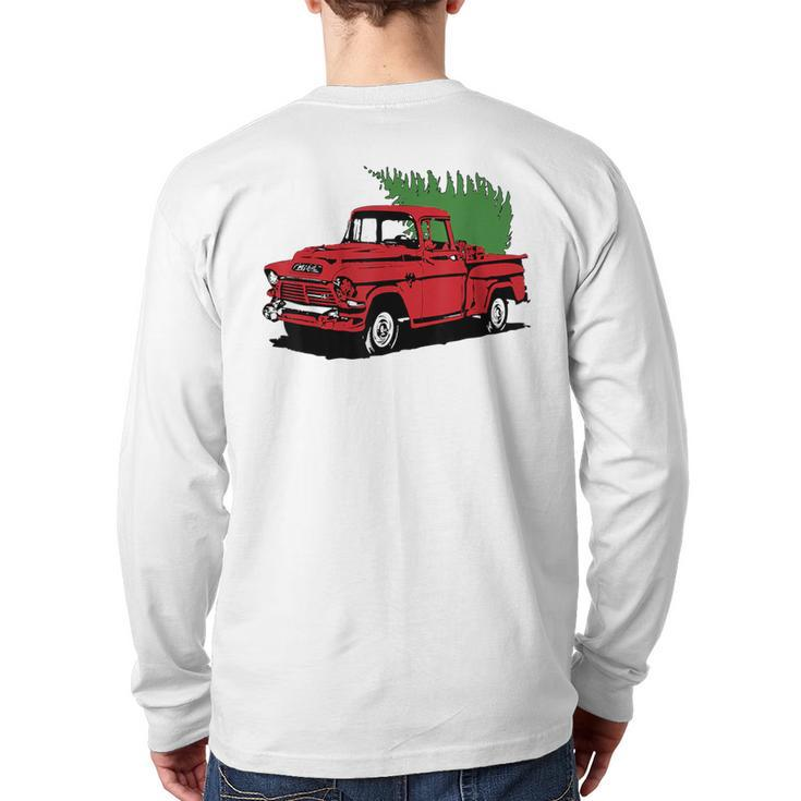 Vintage Christmas Old Red Pickup Truck Tree Holiday Back Print Long Sleeve T-shirt