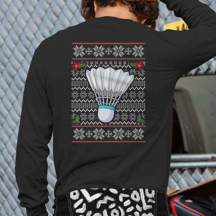 Badminton Ugly Christmas Sweater Santa Hat Sport Fan Xmas Back Print Long Sleeve T-shirt