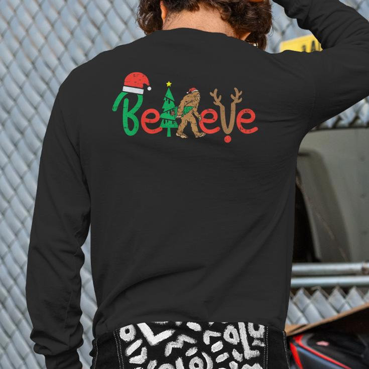 Believe Bigfoot Sasquatch Santa Reindeer Christmas Tree Back Print Long Sleeve T-shirt