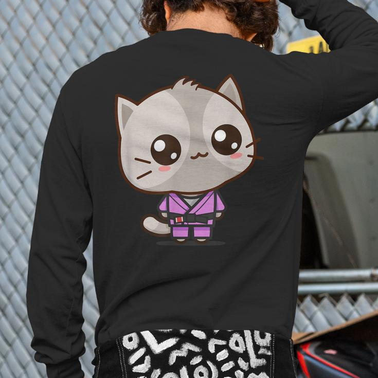 Brazilian Jiu Jitsu Black Belt Combat Sport Cute Kawaii Cat Back Print Long Sleeve T-shirt