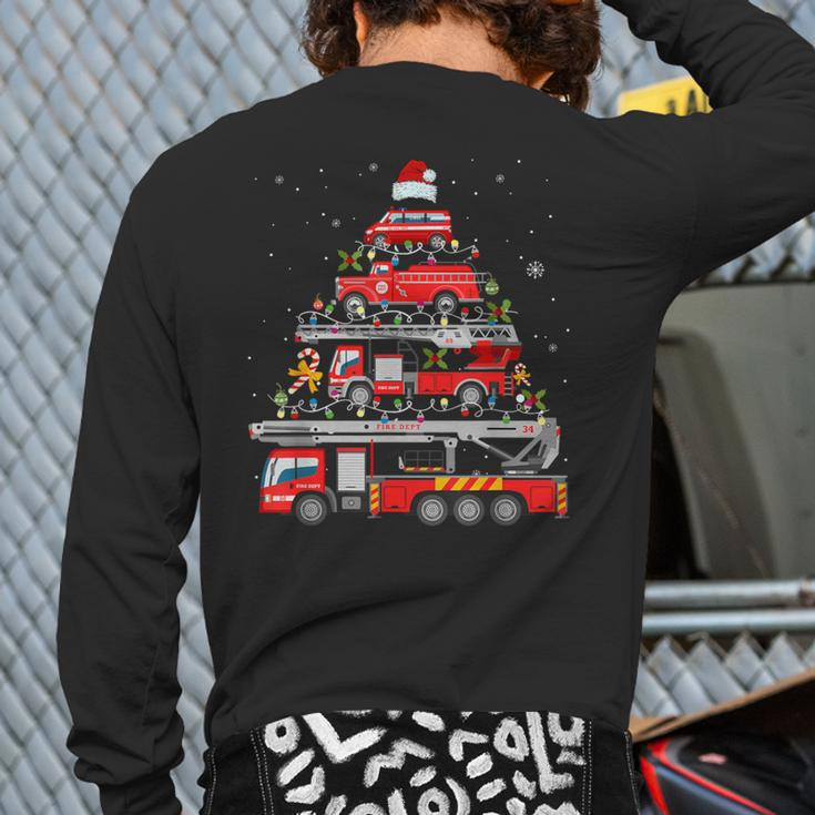 Firefighter Fire Truck Christmas Tree Lights Santa Fireman Back Print Long Sleeve T-shirt