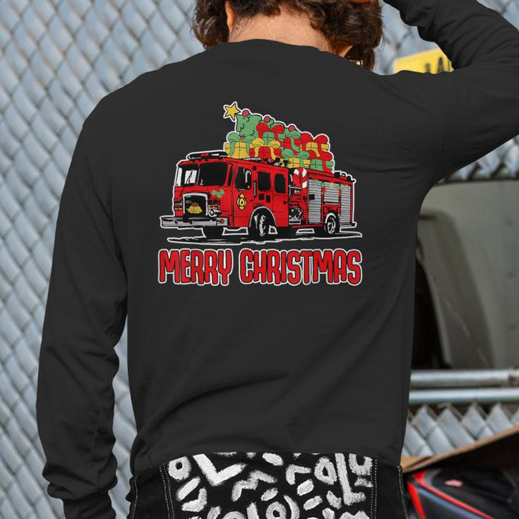 Firetruck Santa Sleigh Fireman Christmas Firefighter Back Print Long Sleeve T-shirt