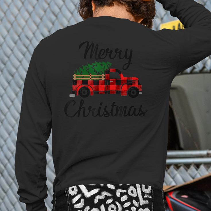 Merry Christmas Tree On Buffalo Plaid Truck Back Print Long Sleeve T-shirt